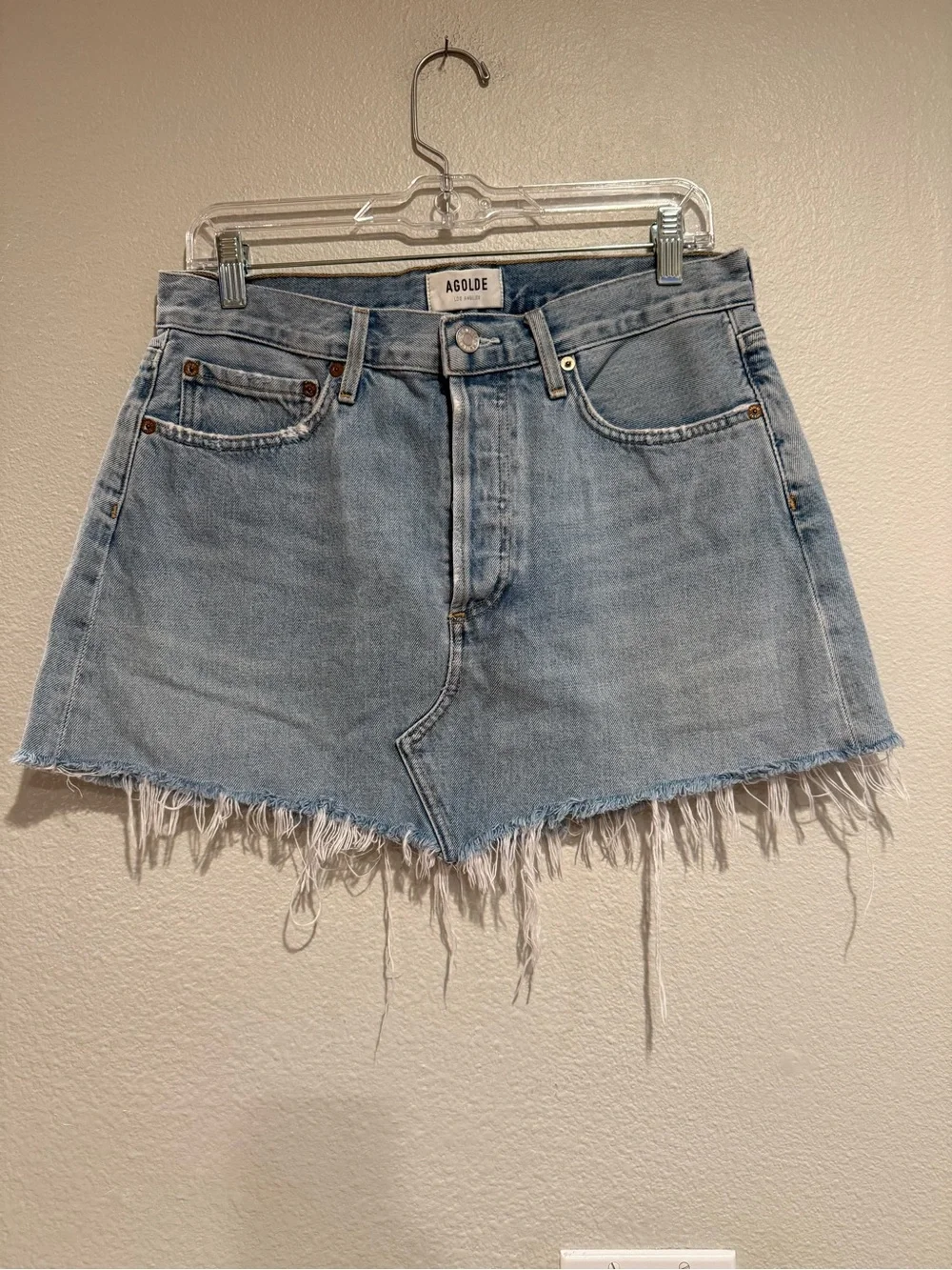 Agolde Light Blue Denim Asymmetrical Frayed Mini Skirt